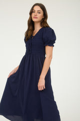 Blue V Neck Front Ties Smocked Puff Sleeve Dress
