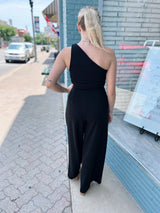 Black One Shoulder Cinched Jumpsuit