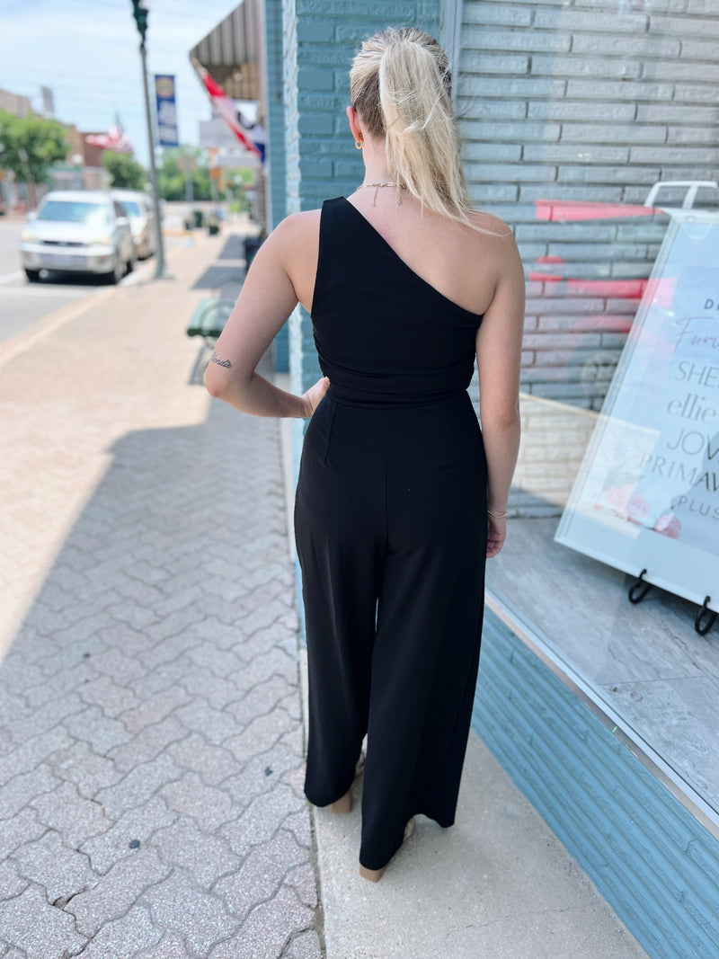 Black One Shoulder Cinched Jumpsuit