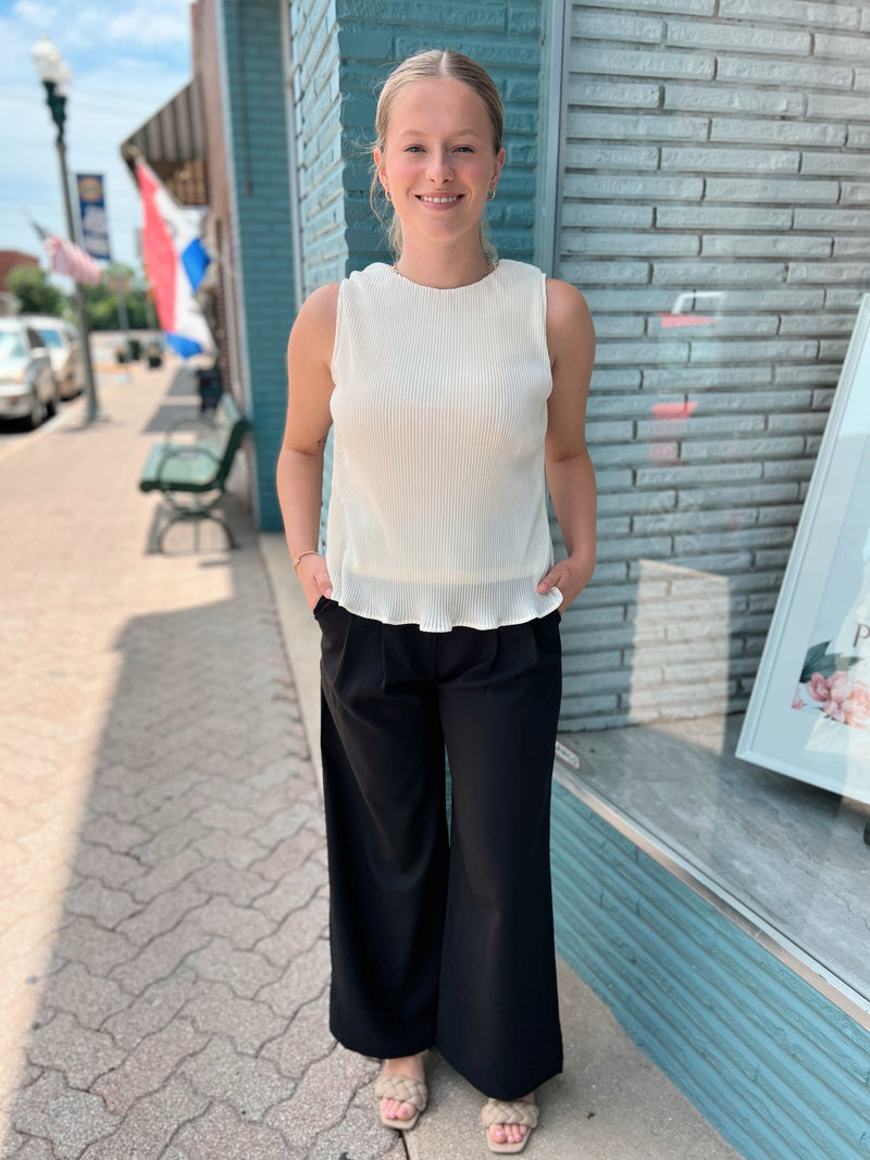 Cream Pleated Sleeveless Top