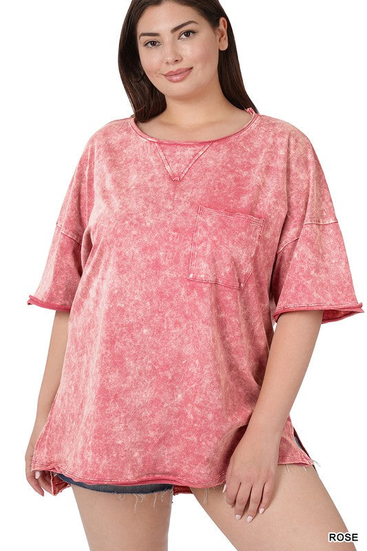 Curvy Acid Wash Front Pocket Tee