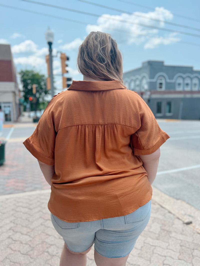 Curvy Short Sleeve Button Down Dressy Top