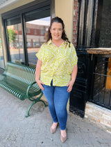 Curvy Green Zebra Print Button Up