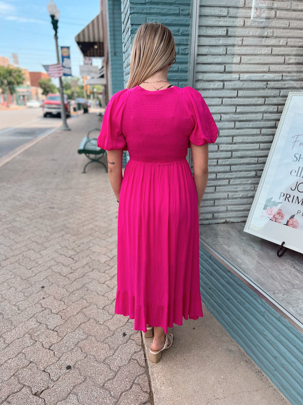 Smocked V-Neck Puff Sleeve Maxi Dress