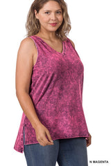 Curvy Acid Wash Sleeveless V-Neck Top