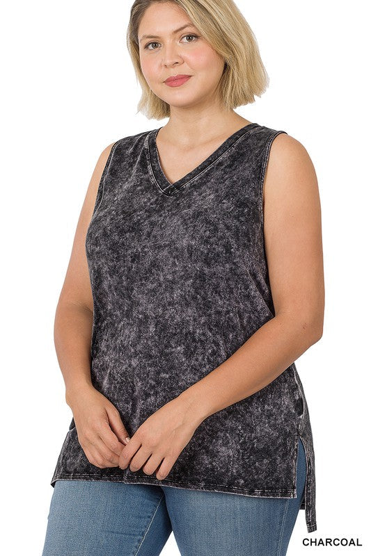 Curvy Acid Wash Sleeveless V-Neck Top