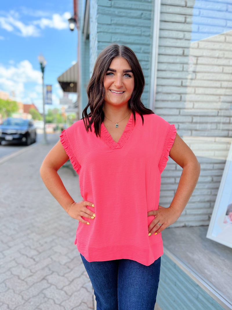 Neon Pink Ruffle V-Neck Top