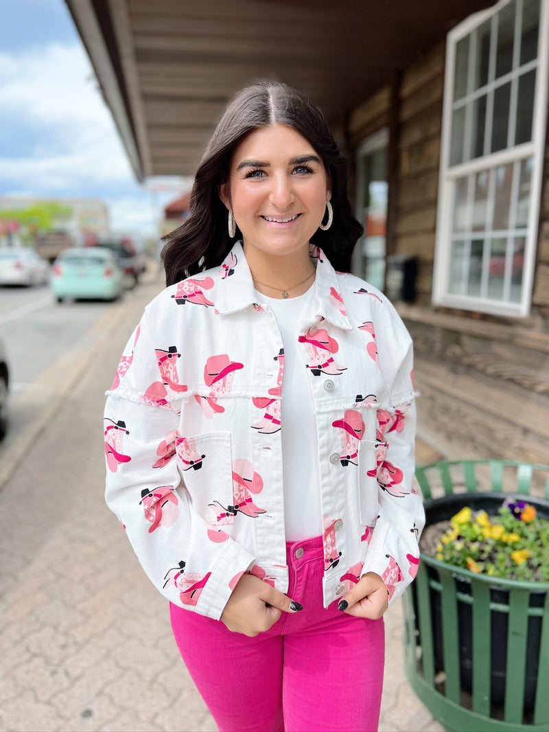 Pink and white denim on sale jacket