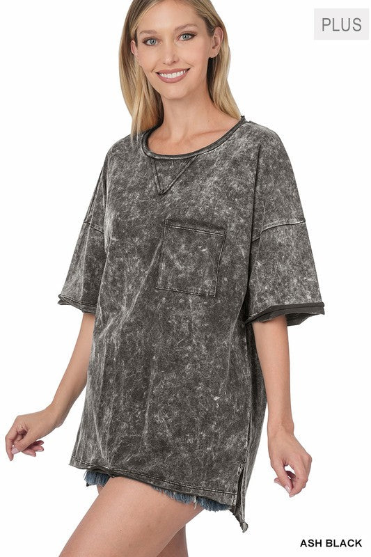 Curvy Acid Wash Front Pocket Tee