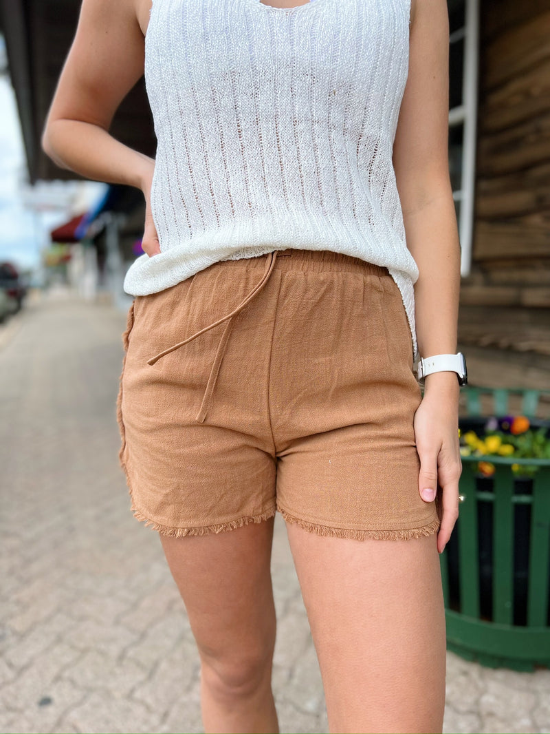 Camel Linen Raw Hem Shorts