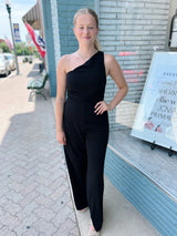 Black One Shoulder Cinched Jumpsuit