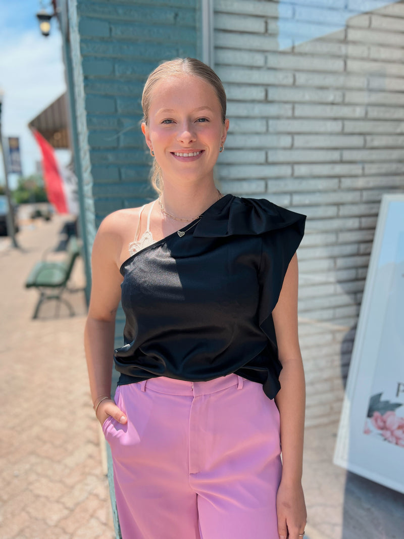 Black Pleated One Shoulder Top