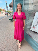Smocked V-Neck Puff Sleeve Maxi Dress