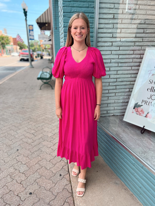 Smocked V-Neck Puff Sleeve Maxi Dress