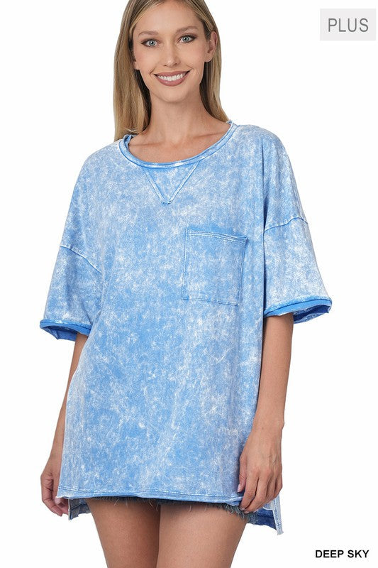 Curvy Acid Wash Front Pocket Tee