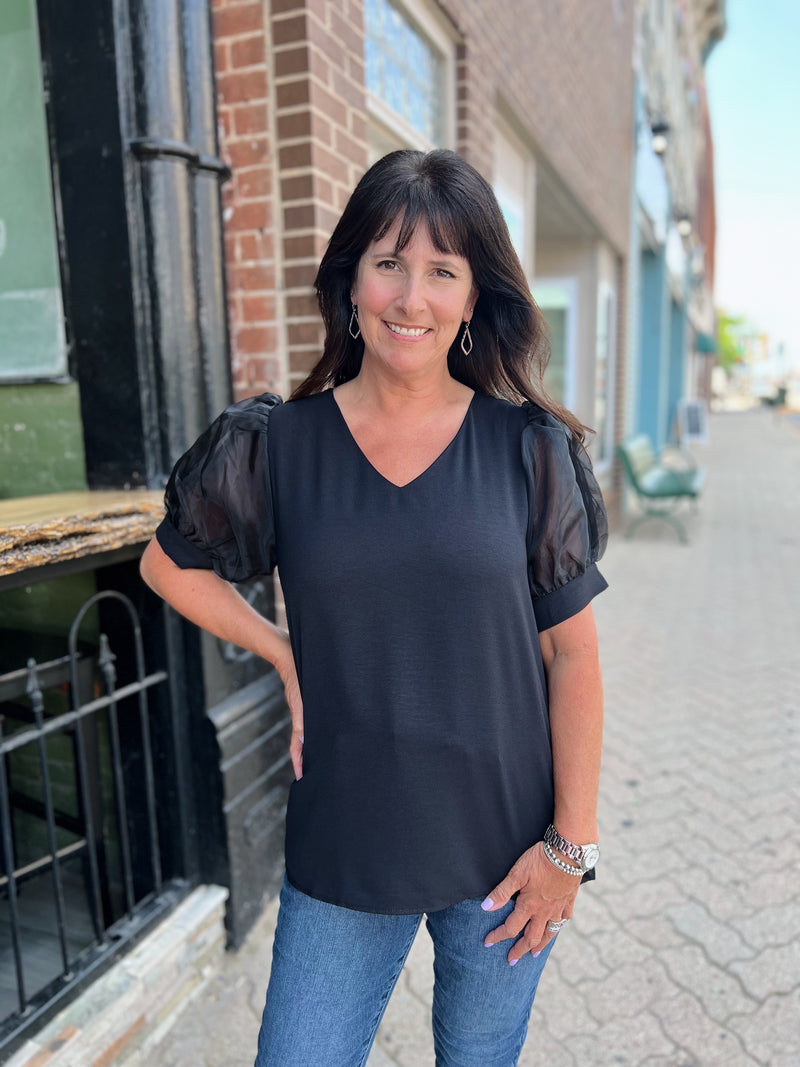 Dressy V-Neck Tulled Sleeve Top