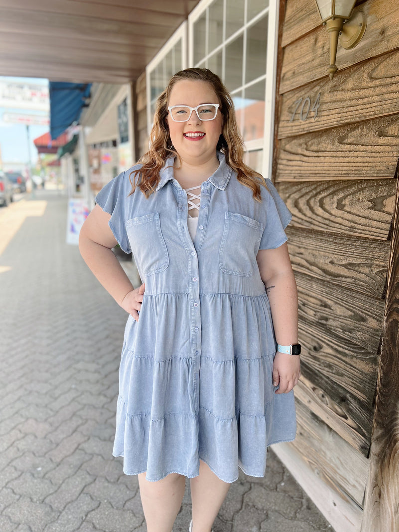 Curvy Blue Chambray Tiered Dress