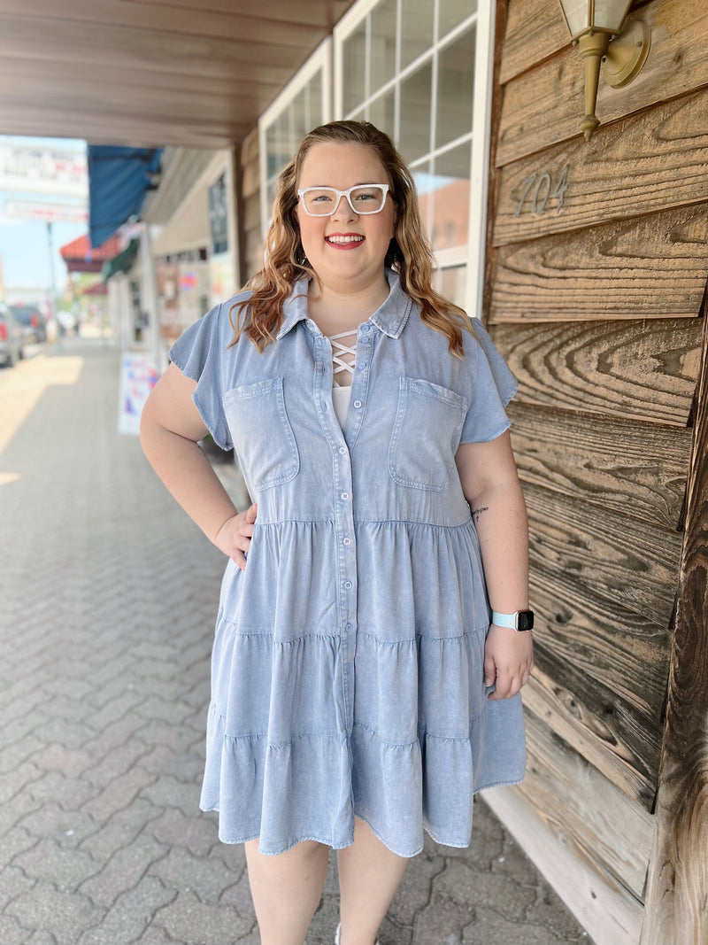 Curvy Blue Chambray Tiered Dress