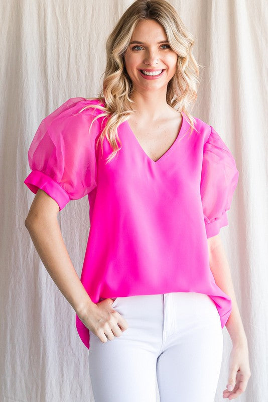 Dressy V-Neck Tulled Sleeve Top