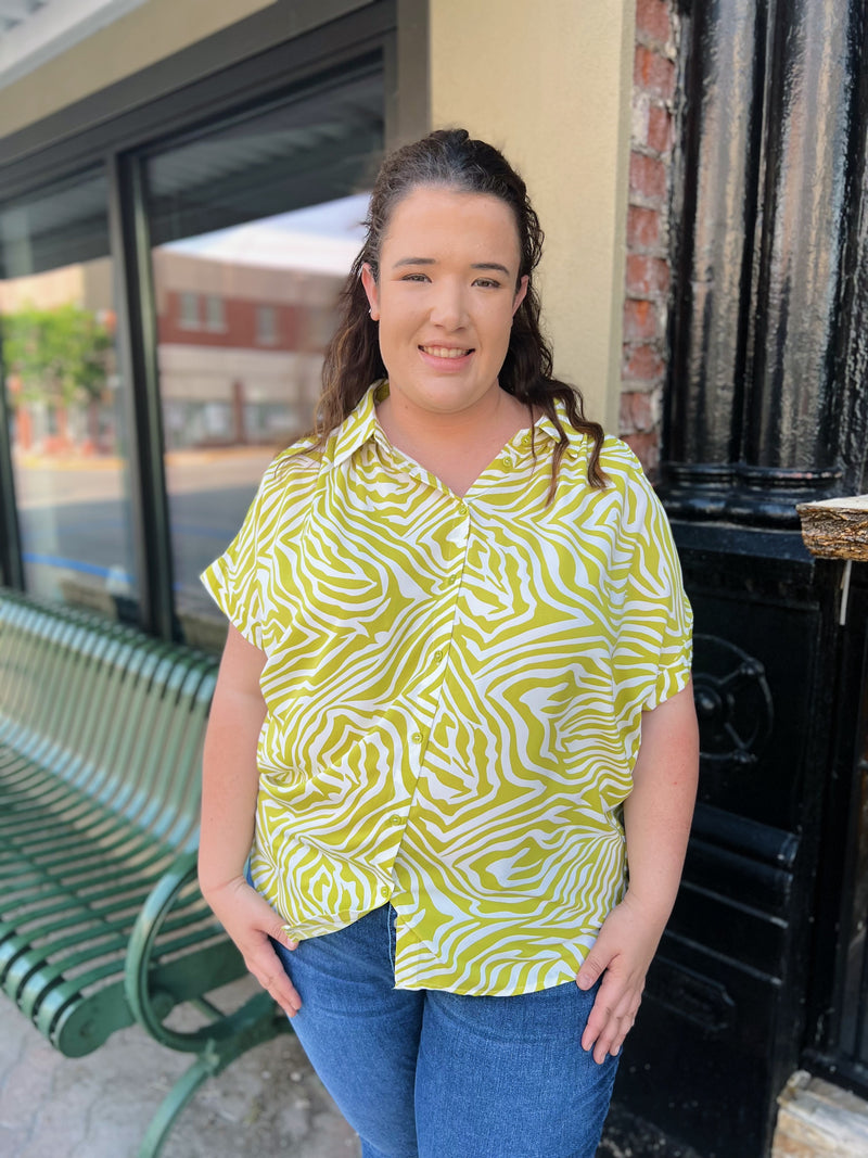 Curvy Green Zebra Print Button Up