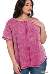 Curvy Acid Wash Waffleknit Top