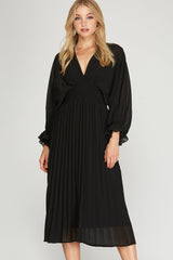 Batwing pleated woven midi dress