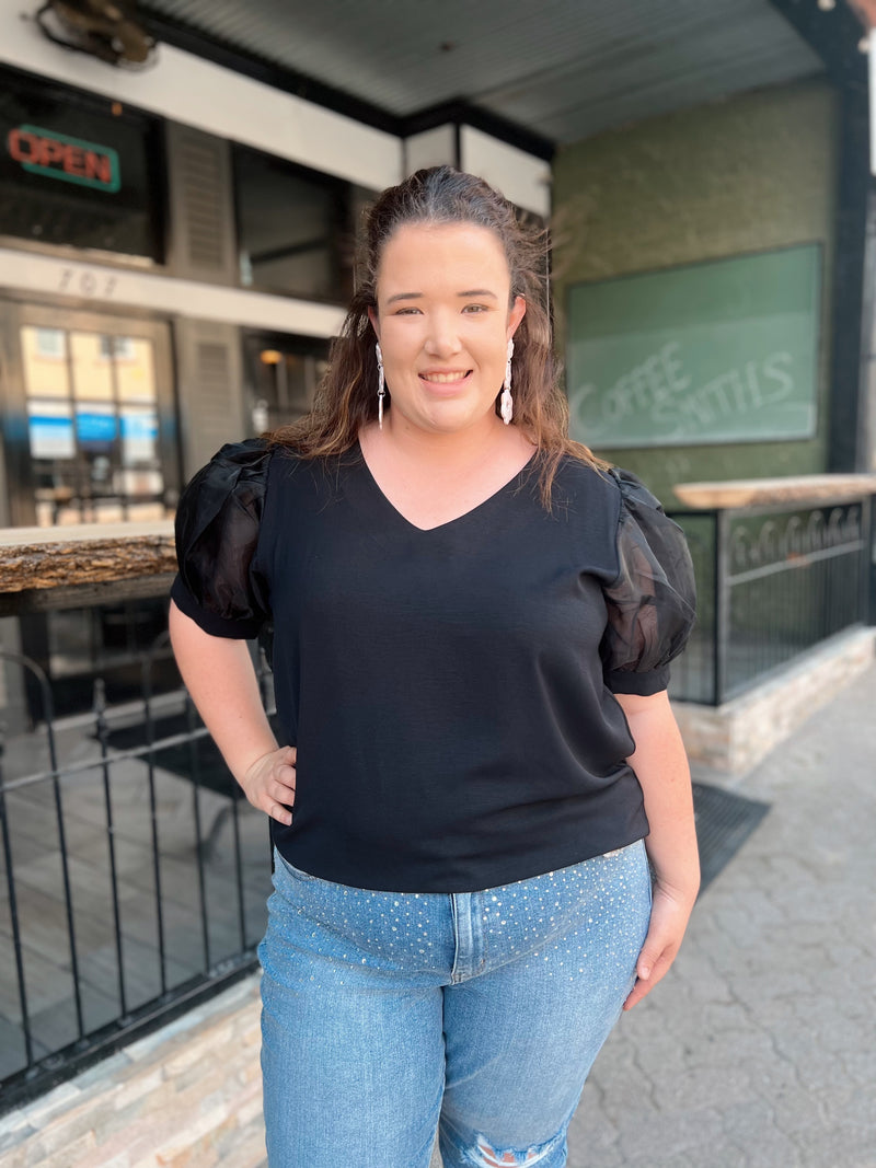 Curvy Dressy V-Neck Tulled Sleeve Top