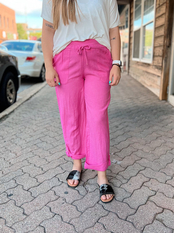 Pink Cropped Linen Pants