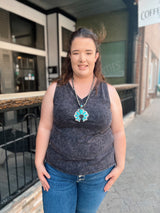 Curvy Acid Wash Sleeveless V-Neck Top
