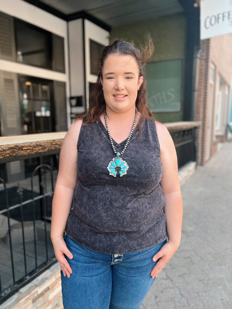 Curvy Acid Wash Sleeveless V-Neck Top