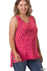 Curvy Acid Wash Sleeveless V-Neck Top