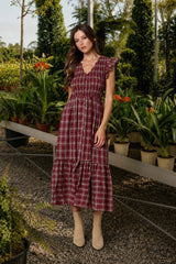 Plaid Smocked V Neck Ruffled Midi Dress