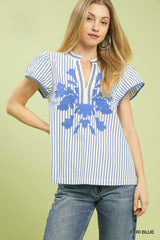 Blue and White Stripe Applique Cap Sleeve Top