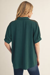 Green Leopard Contrast Shoulder Detail Top