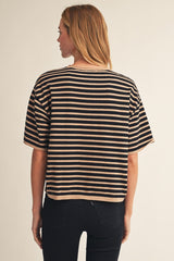 Striped Short Sleeve Front Button Sweater