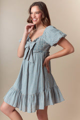 Dusty Teal Ribbon Front Smocked Plaid Midi Dress