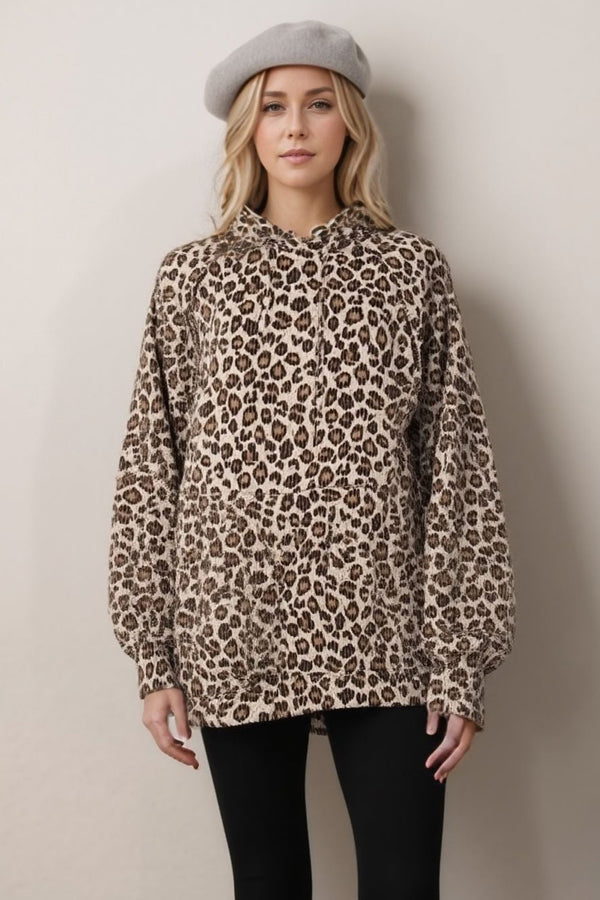 Curvy Leopard Print Ribbed Hoodie