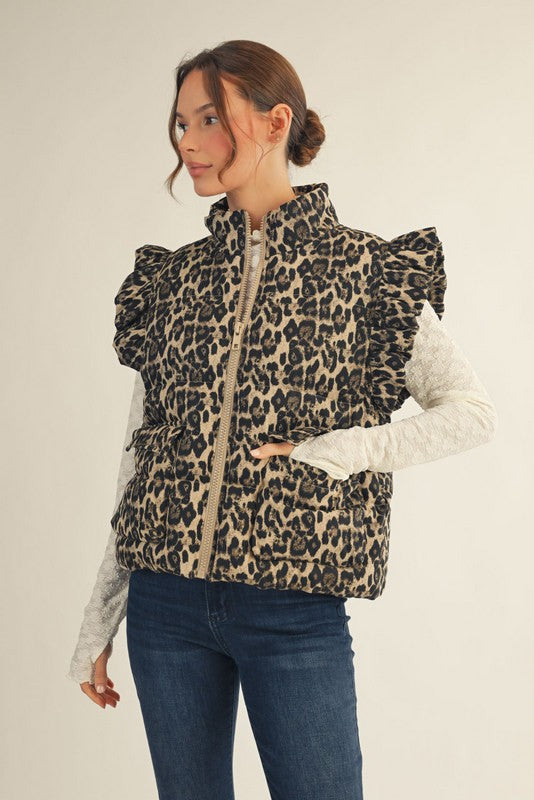 Leopard Ruffle Zip Up Vest With Pockets