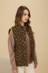 Brown Multi Floral Quilted Zip-Up Puffer Vest