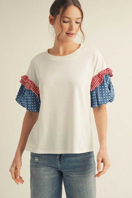 White Patriotic Puff Sleeve Top
