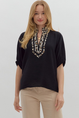 Curvy Black Puff Sleeve Shirt With Leopard Collar