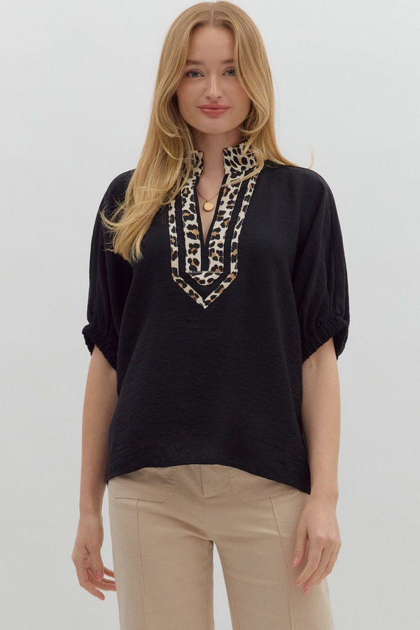 Curvy Black Puff Sleeve Shirt With Leopard Collar