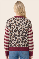 Leopard Jacquard Stripe Color Blocked Cardigan