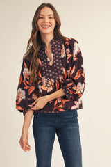 Brown Floral Puff Sleeve Mix Top