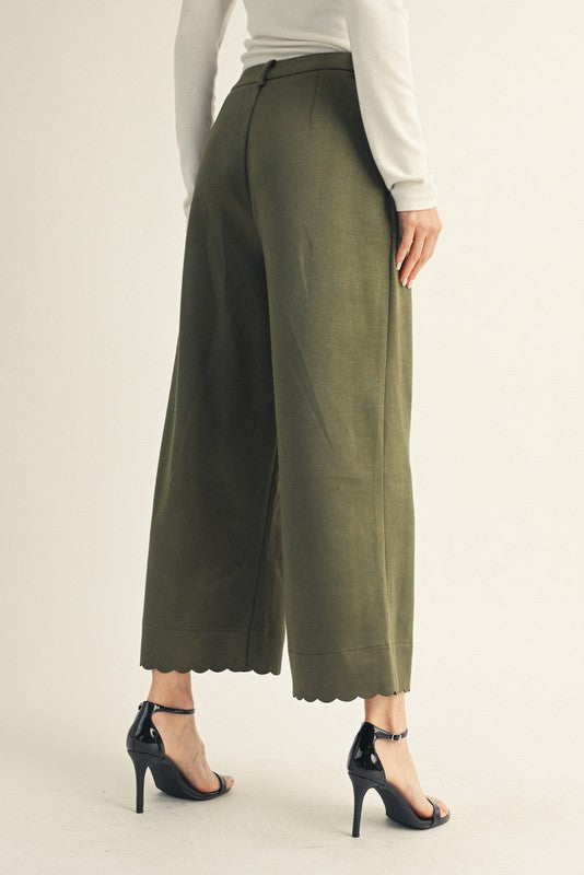 Olive Scalloped Edge Faux Suede Pants