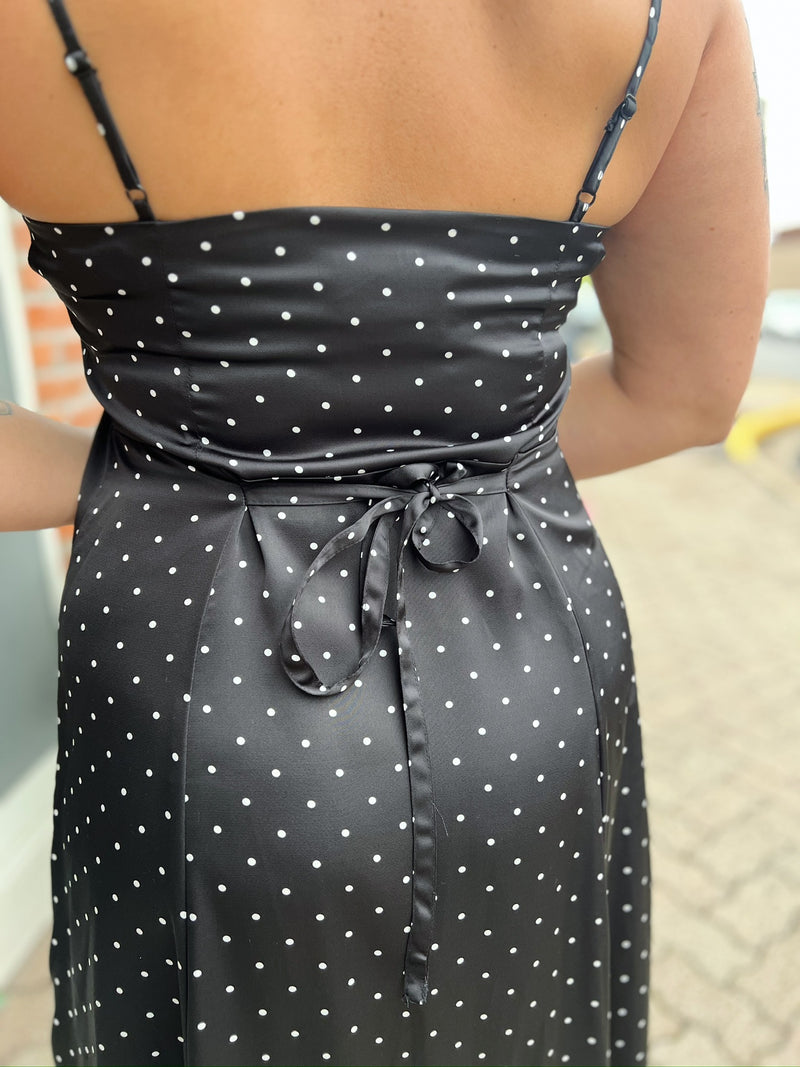 Black Polkadot Satin Cami Midi Dress