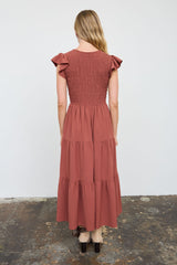 Solid Flutter Sleeve Smocked Midi Dress
