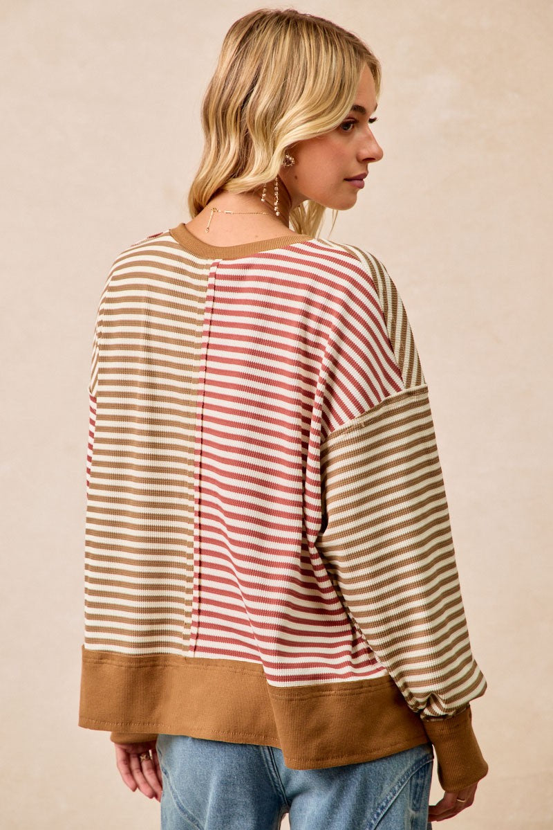 Mocha Stripe Thermal Colorblock Open Seam Top