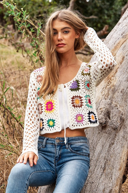 Ivory Crocheted Front Tie Cardigan