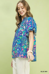 Blue Multi Color Floral Print Flutter Sleeve Top